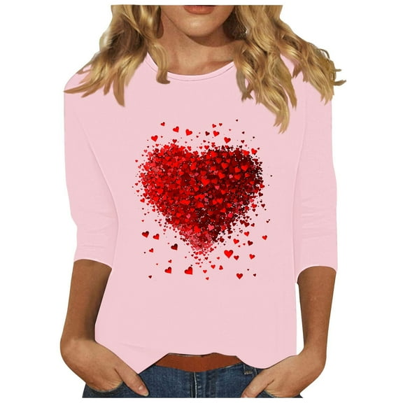 Valentines Day 3/4 Sleeve T Shirts Women Cute Heart Tee Blouses Holiday Casual Crewneck Basic Tops