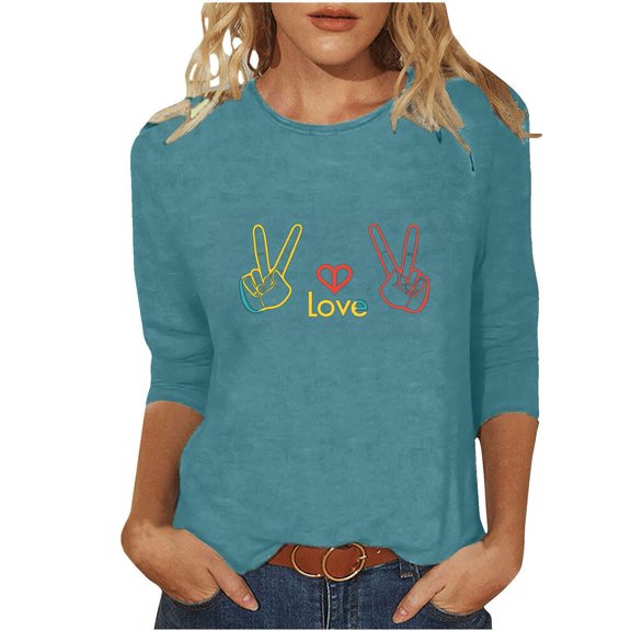 Valentines Day 3/4 Sleeve Tops for Women Plus Size Casual Round Neck Fashion Printed Graphic Comfortable Tunic T-Shirt (L, Light Blue)