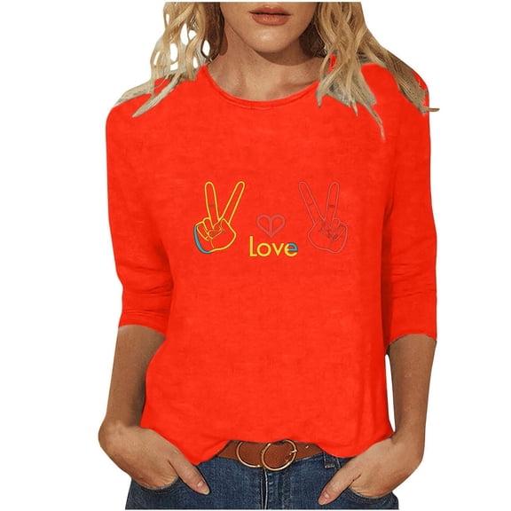 Valentines Day 3/4 Sleeve Tops for Women Plus Size Casual Round Neck Fashion Printed Graphic Comfortable Tunic T-Shirt (XL, Orange)