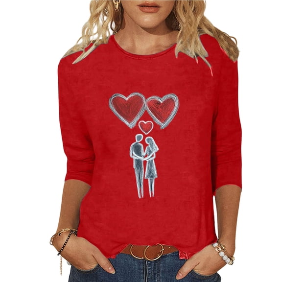 Valentines Day 3/4 Sleeve Tops for Women Plus Size Casual Round Neck Fashion Printed Graphic Comfortable Tunic T-Shirt (XXL, Red A)