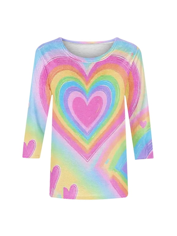 Valentines Day 3/5 Sleeve T-Shirt for Women Crew Neck Love Printed Graphic Casual Loose Shirts Pullover Tops (3XL, Multicolor A)