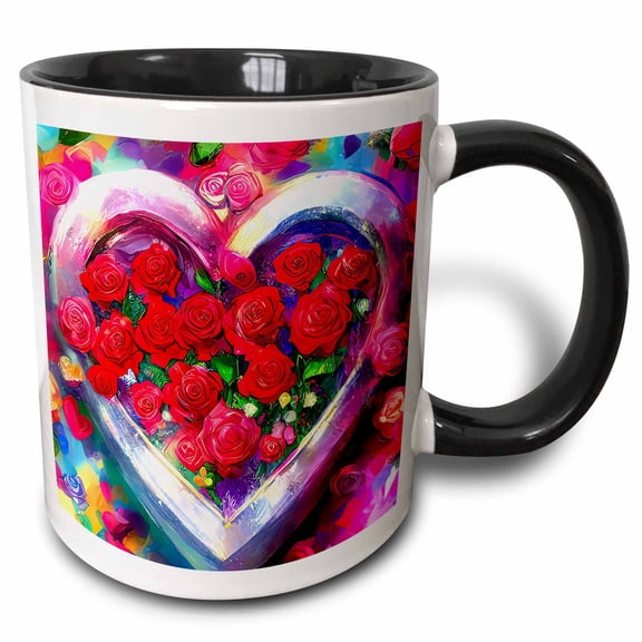 3drose, Valentines Day. a Heart Full of Red Rose Flowers. Gift, Charm, Card, 11oz Two-tone Black Mug
