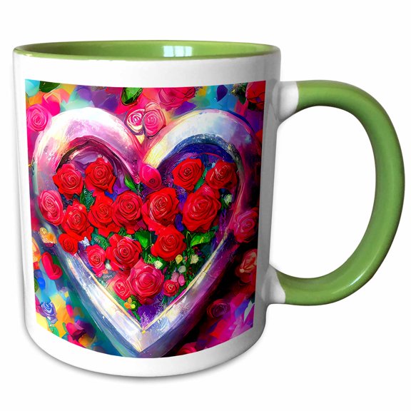 3drose, Valentines Day. a Heart Full of Red Rose Flowers. Gift, Charm, Card, 11oz Two-tone Green Mug