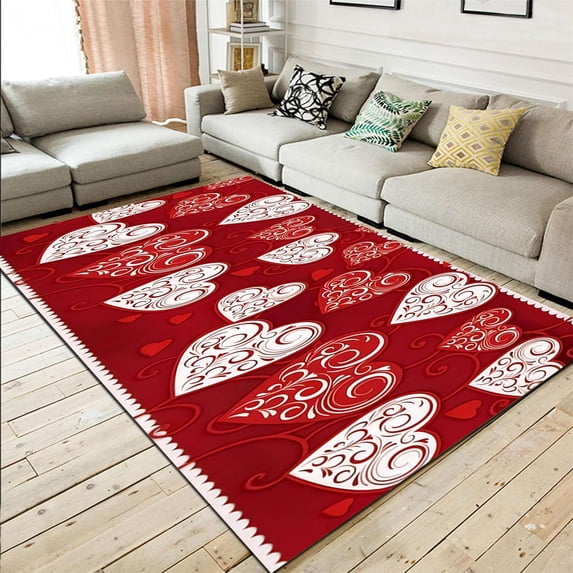 Valentines Day Area Rug, 6x8ft, Romantic Red White and Pink Heart Print Design Doormat, Modern Love Decorative Red Non-Slip Area Carpet for Entrance Indoor Living Room Bedroom Office Kitchen