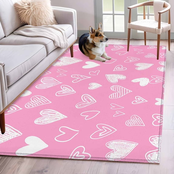Valentines Day Area Rugs 3'x5', Washable Small Throw Rugs for Living Room Bedroom, Pink Love Heart Romantic Indoor Outdoor Rug Non-Slip Low Pile Carpet Runner Reversible Floor Mats