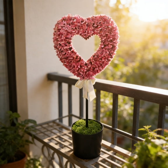 Valentines Day Artificial Heart Topiary Plant with Pot Small Fake Trees Valentines Decoration Rustic Heart Shaped Plant Tabletop Green 31.5 In