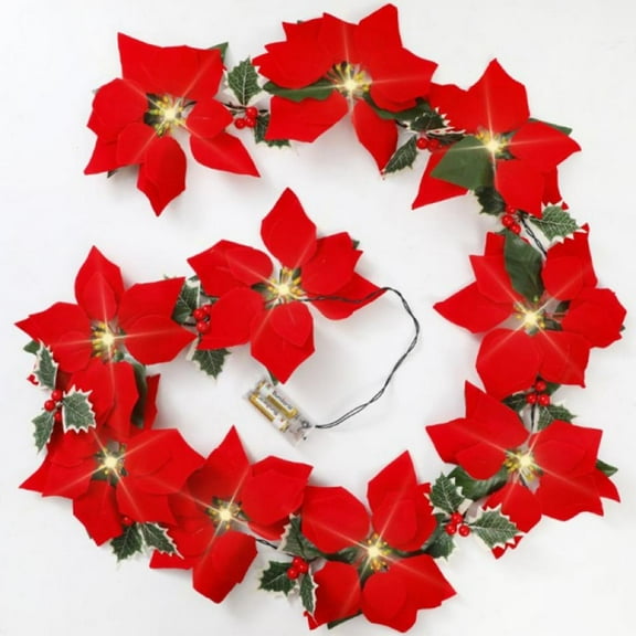 Valentines Day Artificial Poinsettia String Light Christmas Poinsettia Garland String Light Luminous Artificial Flowers Garland with 10 LED Lights Red Holly Berries for Holiday Xmas Tree Decoration