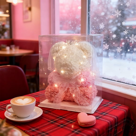 Valentines Day Artificial Rose Teddy Bear with LED Lights - Romantic Creative Gift with Transparent Gift Box, Adorable Love Bear Decor for Home Parties or Lovers’ Valentine Surprises, 9.84in, B