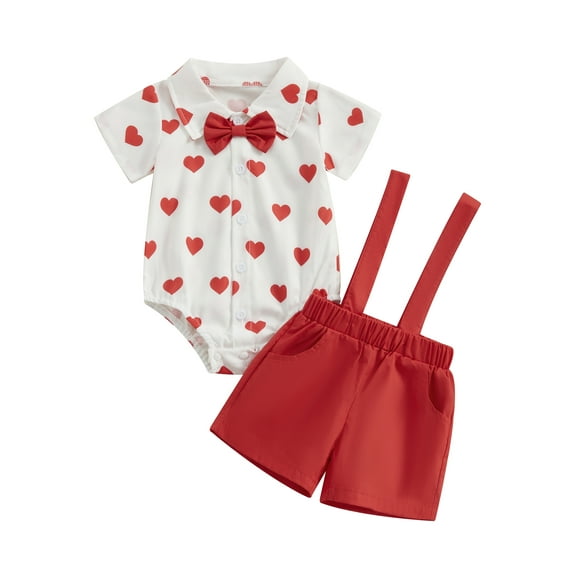 Valentines Day Baby Boy Outfit Infant Gentleman Clothes Short Sleeve Heart Button Down Shirt Top Casual Shorts Set