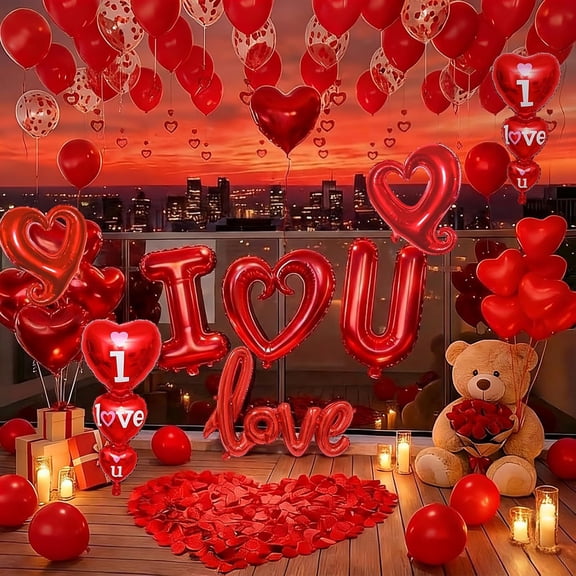 Valentines Day Balloon Kit, I Love You Balloons, Red Heart Balloons, Confetti Balloons with Rose Petals, Heart Hanging for Valentines Anniversary Day Wedding Romantic Decorations