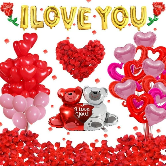 Valentines Day Balloons Kit, I Love You Balloons, Heart Balloon, Love-Bear and 1000Pcs Red Rose Petals for Valentine's Day Party Wedding Decorations Romantic Decorations Special Night