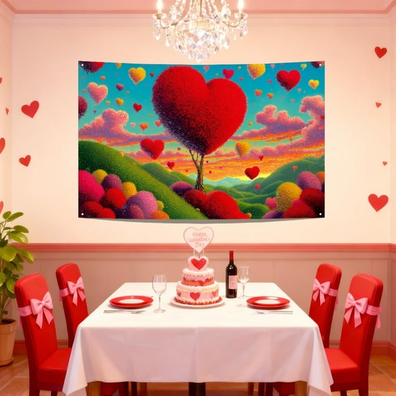 Valentines-Day Banner Backdrop Valentines-Day Decor Love Red Truck Tree Holiday Backdrop Wall Decor Bulletin Board for Indoor Outdoor Party