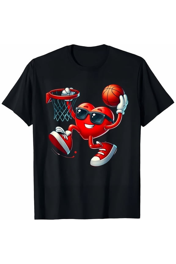 Valentines Day Basketball Funny Red Heart Love Boys Kids T-Shirt Cotton Quality Printed Crew Neck T-Shirt Summer Wear Valentine's Day Holiday Gift Men's & Women's Black Tops School Season