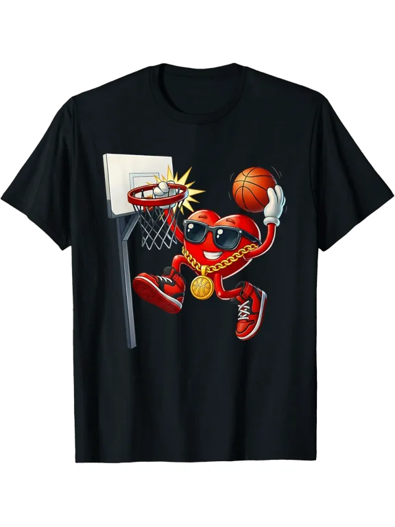 Valentines Day Basketball Heart Dunk Men Boys T-Shirt Size S-5XL