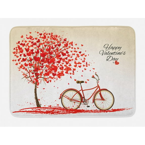 Valentines Day Bath Mat, Romantic Tree with Blooming Hearts with Bike and Petals Vintage Artwork, Non-Slip Plush Mat Bathroom Kitchen Laundry Room Decor, 29.5 X 17.5 Inches, Cream Vermilion, Ambesonne