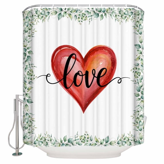 Valentines Day Bathroom Shower Curtains with 12 Hooks Polyester Waterproof Shower Curtain for Stalls and Bathtubs Red Love Heart Romantic Eucalyptus Leaves Decorative Bathroom Curtain 48x72 Inches