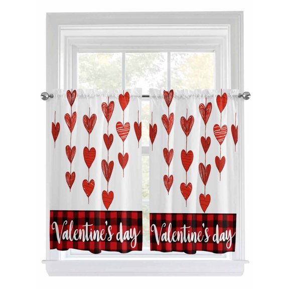 Valentines Day Bathroom Window Curtain, Red Love Hearts Plaid Farmhouse Light Filtering Coffee Kitchen Curtains, Bedroom Living Room Curtains 2 Panel 84"x45"