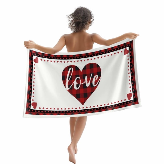 Valentines Day Beach Towels Blanket Soft&Absorbent Quick Dry Microfiber Red and Black Buffalo Check Plaid Love Pool Towels for Swimming ,Yoga, Sports, Gym, Camping,Large 30X60in, Hearts