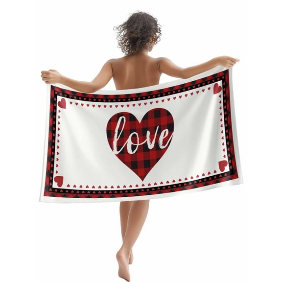 Valentines Day Beach Towels Blanket Soft & Absorbent Quick Dry Microfiber Red and Black Buffalo Check Plaid Love Pool Towels for Swimming ,Yoga, Sports, Gym, Camping,Large 30X60in, Hearts