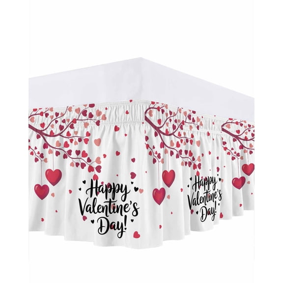 Valentines Day Bed Skirt Queen Size 16 Inch Drop, Romantic Spring Red Pink Hanging Love Heart Tree Adjustable Elastic Dust Ruffles Bedskirt for Queen Bed Wrap Around Pleated Mattress Frame Cover