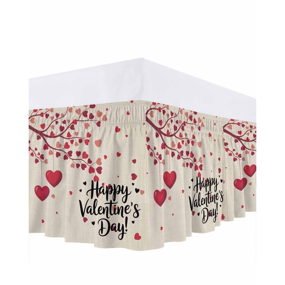 Valentines Day Bed Skirt Queen Size 16 Inch Drop, Romantic Spring Red Pink Hanging Love Heart Tree Adjustable Elastic Dust Ruffles Bedskirt for Queen Bed Wrap Around Pleated Mattress Frame Cover