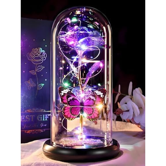 Valentines Day Birthday Gifts for Her Women Purple Rose Eternal Flower Light Up Rose in Glass Dome with Butterfly, Valentine's Flowers Gifts for Her Wife Mom Girlfriend Delivery Prime Anniversary