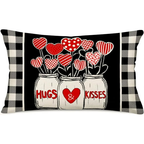 Valentines Day Black White Buffalo Plaid Pillow Cover 12x20 Inch Stripes Polka Dot Heart Vase Hugs and Kisses Decoration Throw Pillow Case Holiday Home Decorative Cushion Cover for Sofa Couch