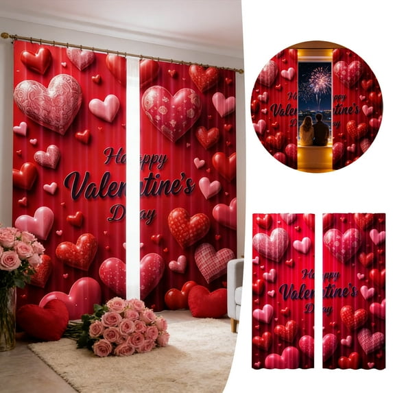 Valentines Day Blackout Window Curtains, Romantic Red and White Heart Shaped Balloons Blackout Windows Door Curtain for Bedroom Living Room Home Decor