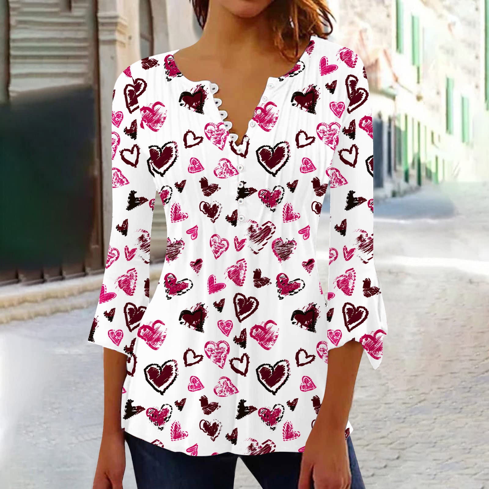 Valentine's Outfits Heart Print Valentine V Day Button Down Up