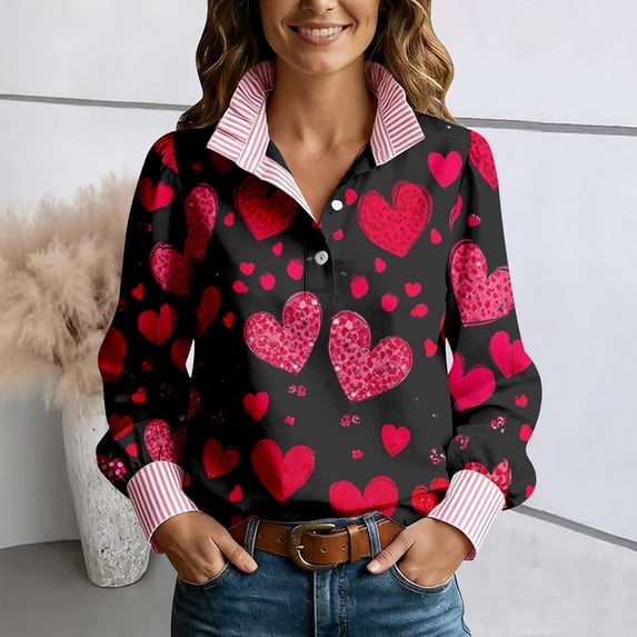 Valentines Day Blouses for Women Dressy Valentine Heart Lapel Collared Long Sleeve Button Up Blouse