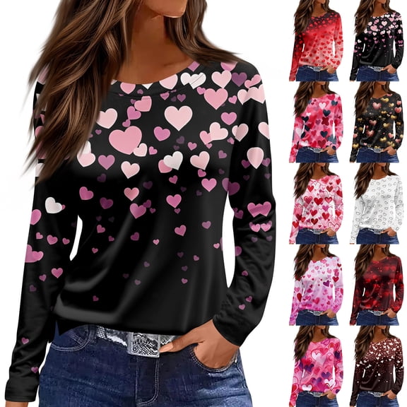 Valentines Day Blouses for Women Slit Hem Round Neck Long Sleeve Heart Print Casual Loose Tops Pullover Shirts Wine M