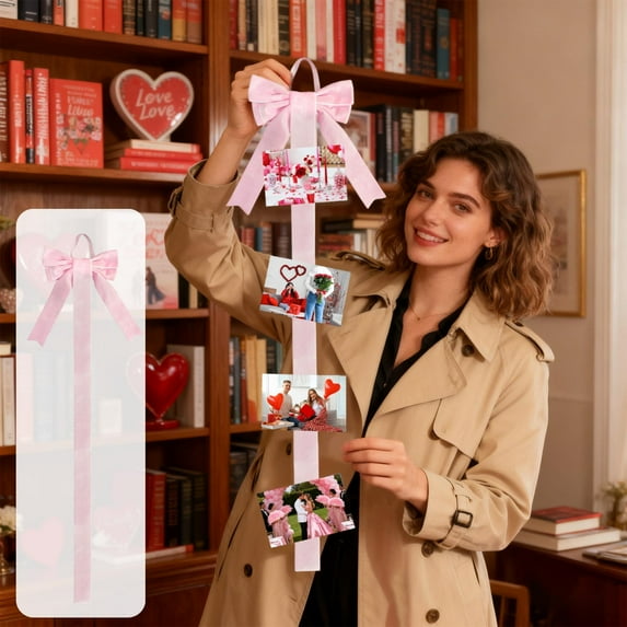 Valentines Day Bow Decoration,Velvet Powder Hanging Ribbon Bow for Holiday Window Decorations Romantic Photo Display Home Wall Décor Accent