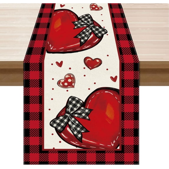 Valentines Day Buffalo Plaid Bow Red Love Hearts Cloth Table Runner Burlap Table Decoration for Home Kitchen Dining Dinner Indoor Holiday Farmhouse Decor 13x90 Inch