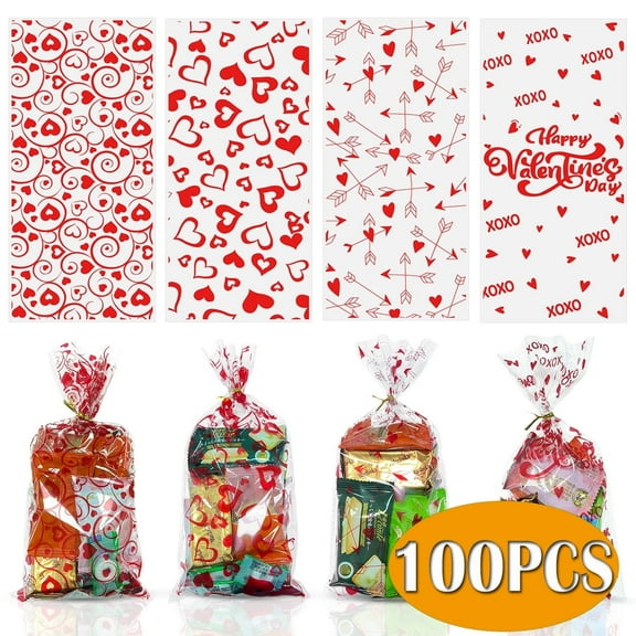 Valentines Day Candy Cellophane Bags Valentines Clear Candy Bags Cellophane Gift Bags with 100PCS Gold Twist Ties for Valentines Supplies