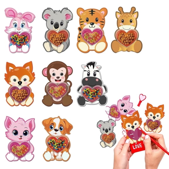 Valentines Day Cards: 18 Pack DIY Candy Jar Greeting Cards with Animal Design & Heart Shaker Pouches - Valentine Gifts Exchange for Women Men Party Favors