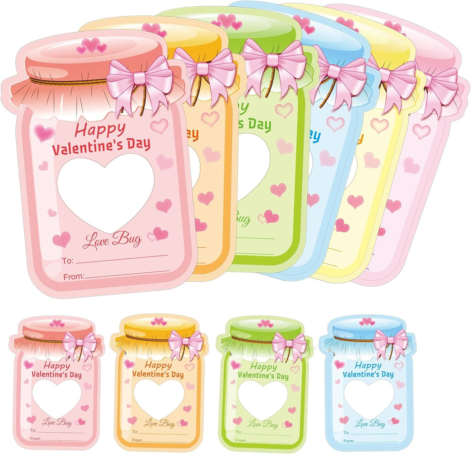 Valentines Day Cards for Kids 54 Pcs Mason Jar Happy Valentine's Day Card Paper Candy Holder Card DIY Valentine Exchange Greeting Cards Gifts 3.5x6 Inch