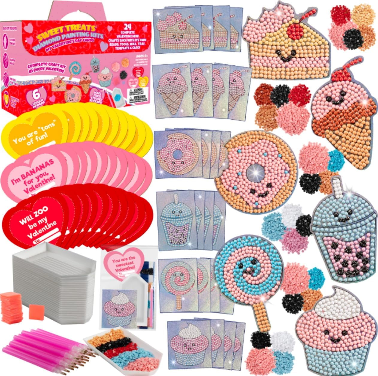 Valentines Day Cards for Kids Classroom -Sweet Treats Diamond Painting Kits (24ct)-Perfect Valentines Day Gifts for Kids School Exchange w Boys & Girls- Includes Sweet Gem Craft Activity & Sticker