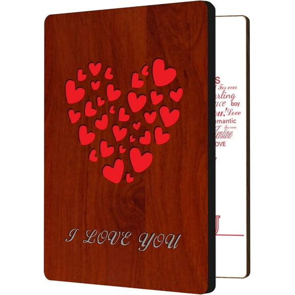 Valentines Day Cards for Her Him MDF Wooden Hollow Heart Greeting Card with Envelope I Love You for Husband Wife Handwritten Happy Birthday Card for Darling Brown