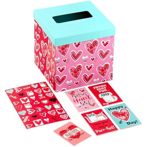 Valentines Day Cards and Mailbox for Kids School Classroom Exchange, Doodle Hearts (1 Box, 32 Valentine Cards, 35 Stickers, 1 Teacher Card)