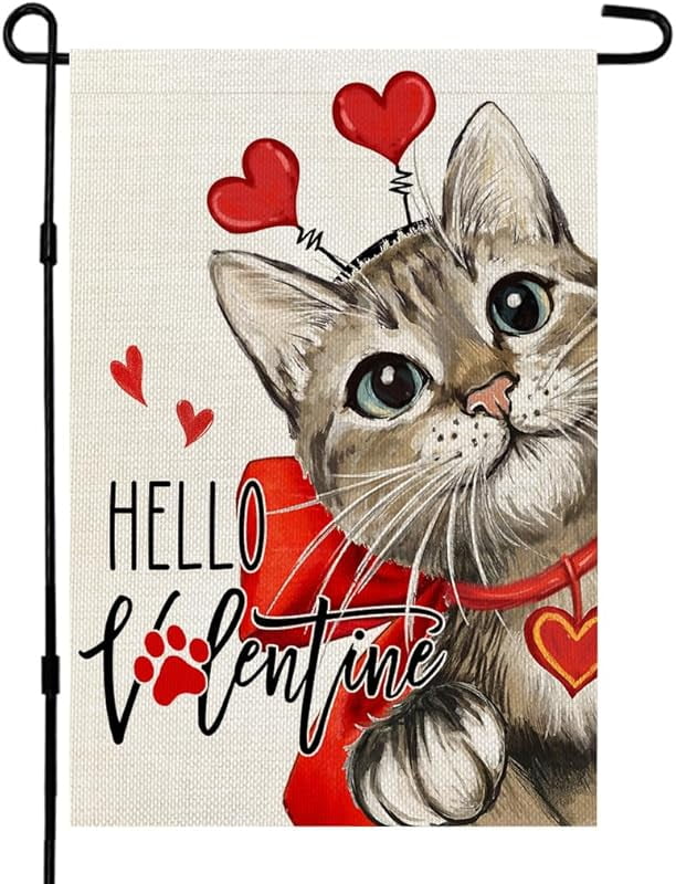 Valentines Day Cat Garden Flag Hello Valentine Double Sided for Outside Small Burlap Red Holiday Yard Decoration