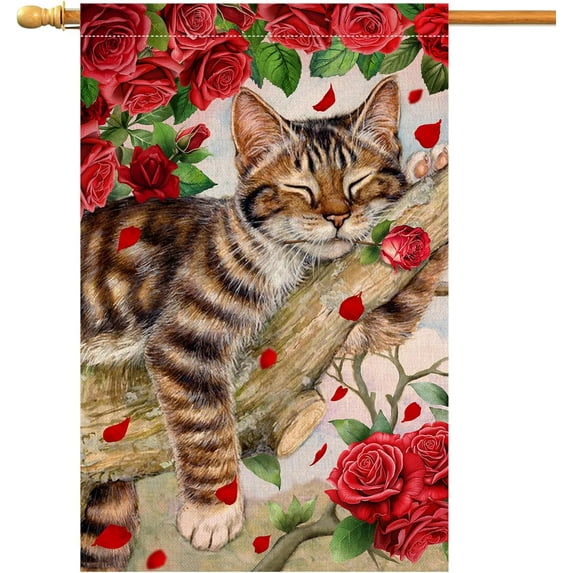 Valentines Day Cat House Flag 28 x 40 Vertical Double Sided Red Roses Spring Farmhouse Holiday Outside Decorations Burlap Yard Flag BW757-40