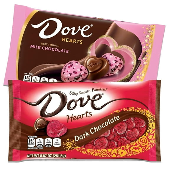 Valentines Day Chocolate Heart Promises Variety 2 Pack- Dove Milk Chocolate Hearts and Dove Dark Chocolate Valentine's Day Chocolate Hearts. Pack of 2 x 8.87oz Bags.