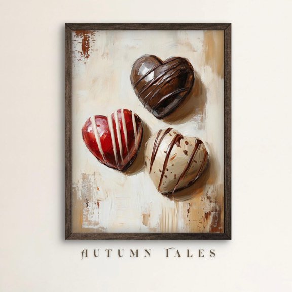 Valentines Day Chocolate Truffle Wall Art Print Three Heart Shaped Chocolates Against Rustic Backdrop Tatsy Art