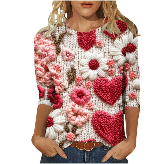 Valentines Day Clothes for Women Womens 3/4 Sleeve T Shirts Women V Neck Shirt Workout Shirts Women