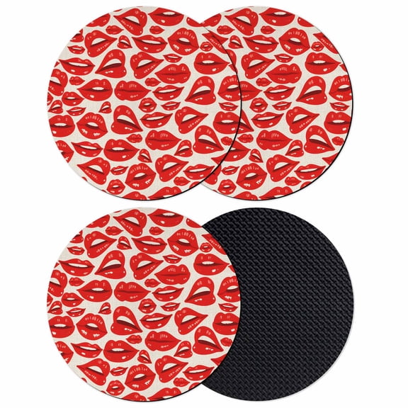 Valentines Day Coasters Set of 4, Absorbent Coasters for Drinks, Beige Red Lips Love Kiss Vintage Coaster for Desk Coffee Table Protection, Home Decor House Warming Gifts 4"
