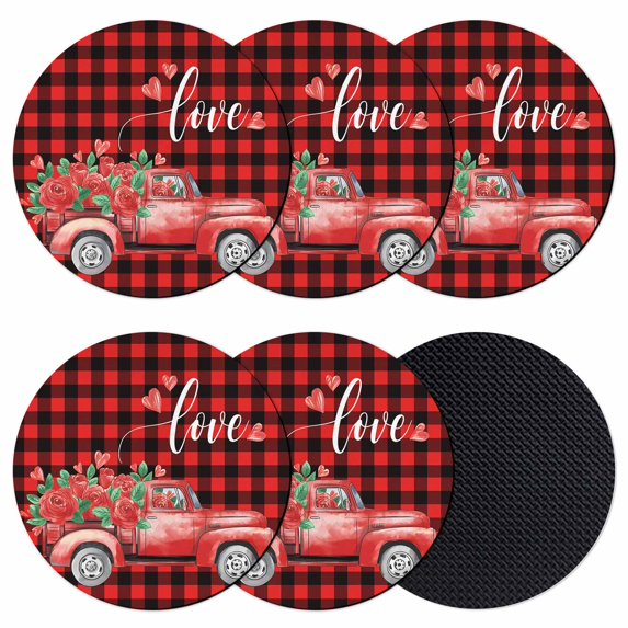 Valentines Day Coasters Set of 6, Absorbent Coasters for Drinks, Red Black Buffalo Plaid Truck Rose Floral Coaster for Desk Coffee Table Protection, Home Decor House Warming Gifts 4"