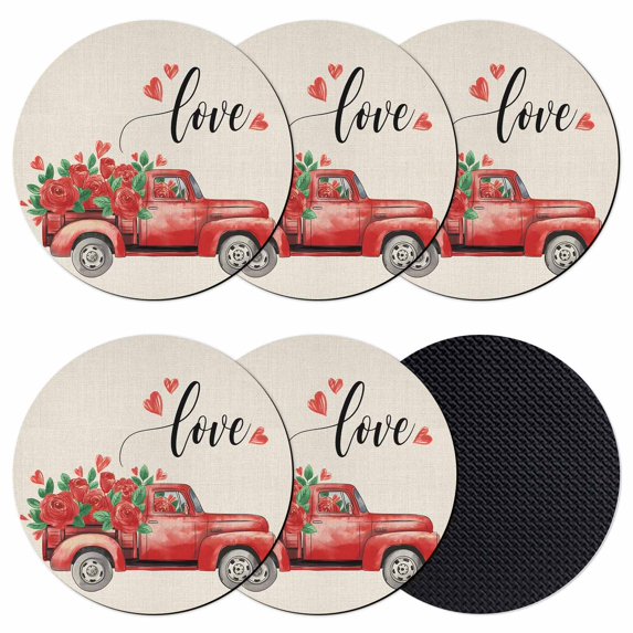 Valentines Day Coasters Set of 6, Absorbent Coasters for Drinks, Red Truck Rose Flowers Farmhouse Beige Coaster for Desk Coffee Table Protection, Home Decor House Warming Gifts 4"