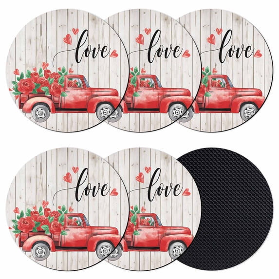 Valentines Day Coasters Set of 6, Absorbent Coasters for Drinks, Red Truck Rose Flowers Wooden Grain Coaster for Desk Coffee Table Protection, Home Decor House Warming Gifts 4"