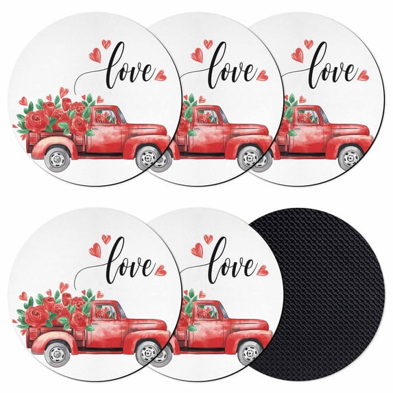 Valentines Day Coasters Set of 6, Absorbent Coasters for Drinks, Romantic Red Truck Rose Flowers Modern Coaster for Desk Coffee Table Protection, Home Decor House Warming Gifts 4"