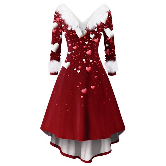 Valentines Day Cocktail Dress Long Sleeve Valentines Cocktail Dresses for Women Classy Faux Fur V Neck Heart Print Dresses Wine S
